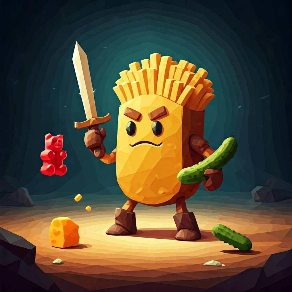 A cartoon knight made of potato chips with a french fry sword battling gummy bears, outsmarting cheese puffs, and dodging a pickle spear