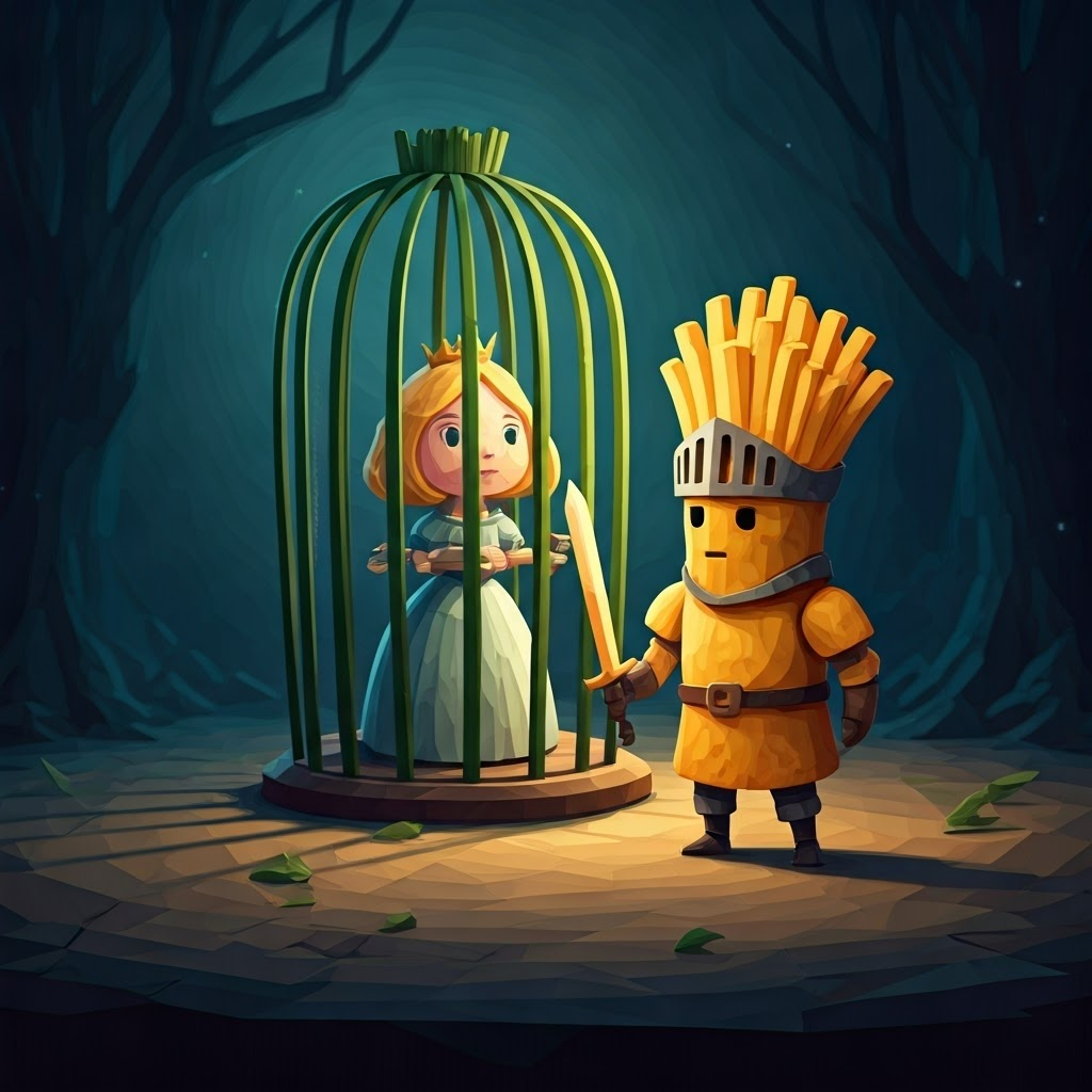 The princess trapped in a cage made of chive sticks, A cartoon knight made of potato chips with a french fry sword looking determined