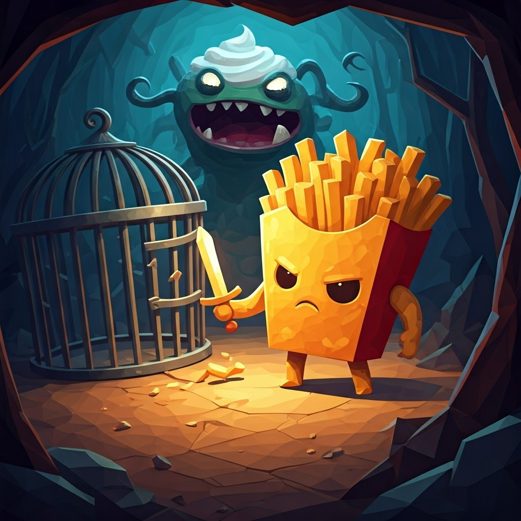 A cartoon knight made of potato chips with a french fry sword breaking the cage with his french fry, a furious sour cream monster in the background