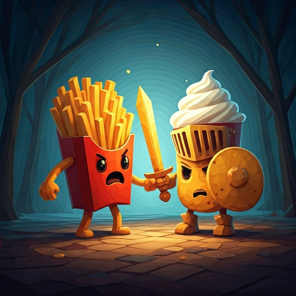 A cartoon knight made of potato chips with a french fry sword battling the evil sour cream monster in a dramatic showdown
