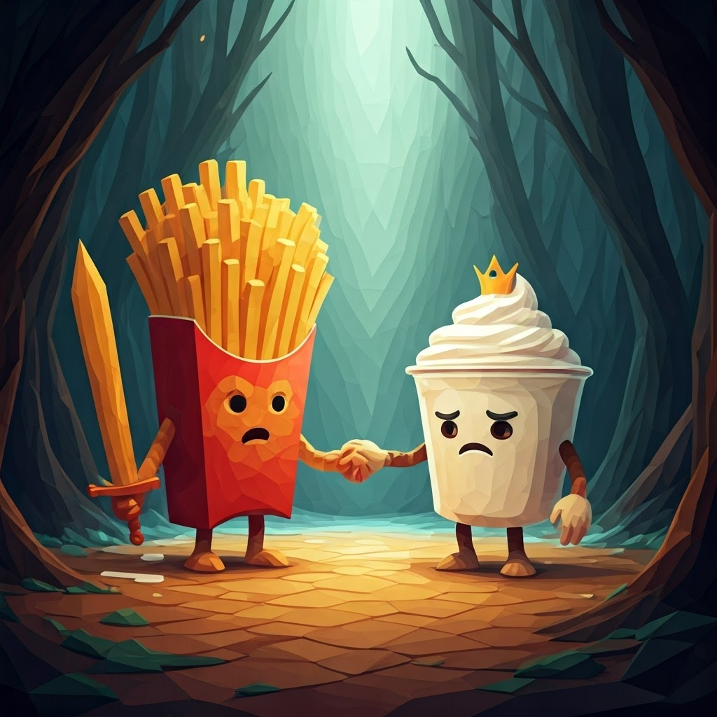 A cartoon knight made of potato chips with a french fry sword standing triumphantly over the defeated sour cream monster, holding the princess's hand