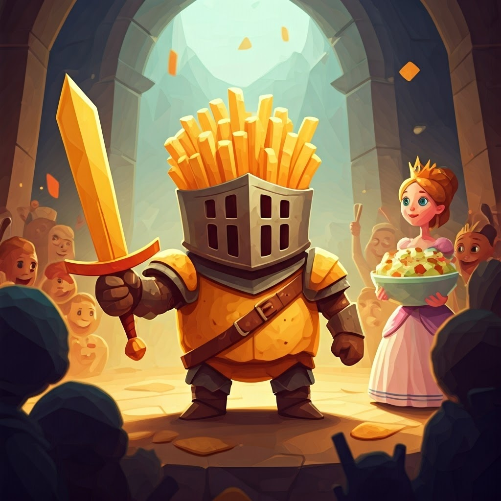 A cartoon knight made of potato chips with a french fry sword being celebrated by a crowd of snacks, the princess by his side holding a bowl of potato salad