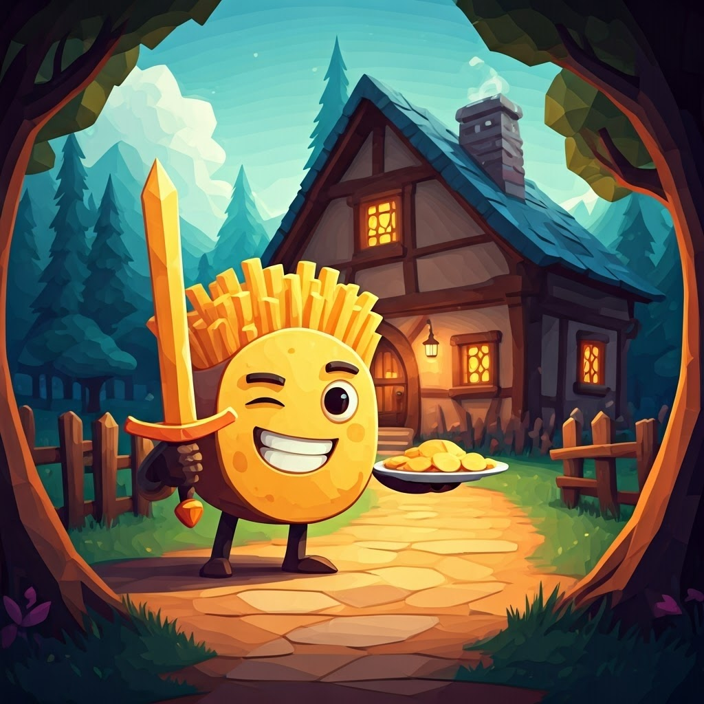 A cartoon knight made of potato chips with a french fry sword winking at the reader, holding a plate of potato chips in front of a cozy cottage