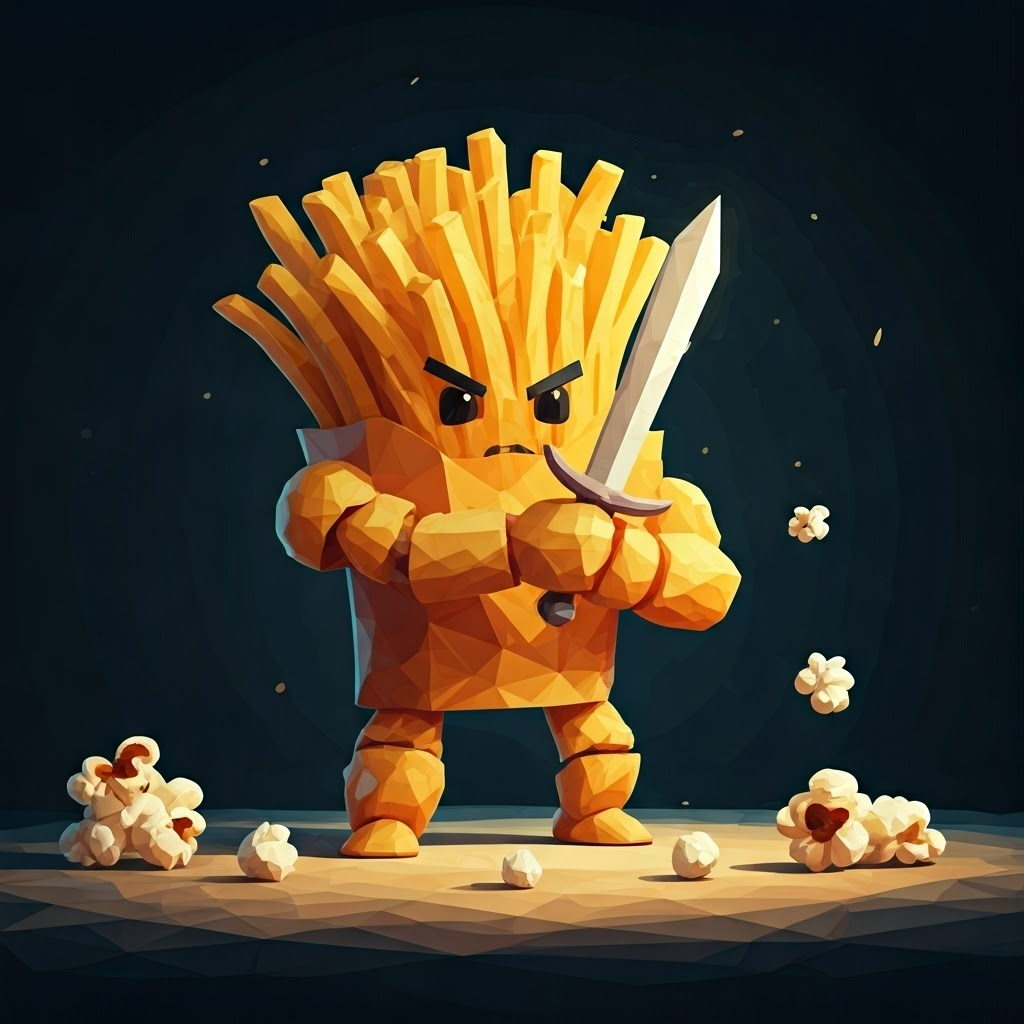 A cartoon knight made of potato chips with a french fry sword practicing his sword fighting with a french fry, battling popcorn kernels