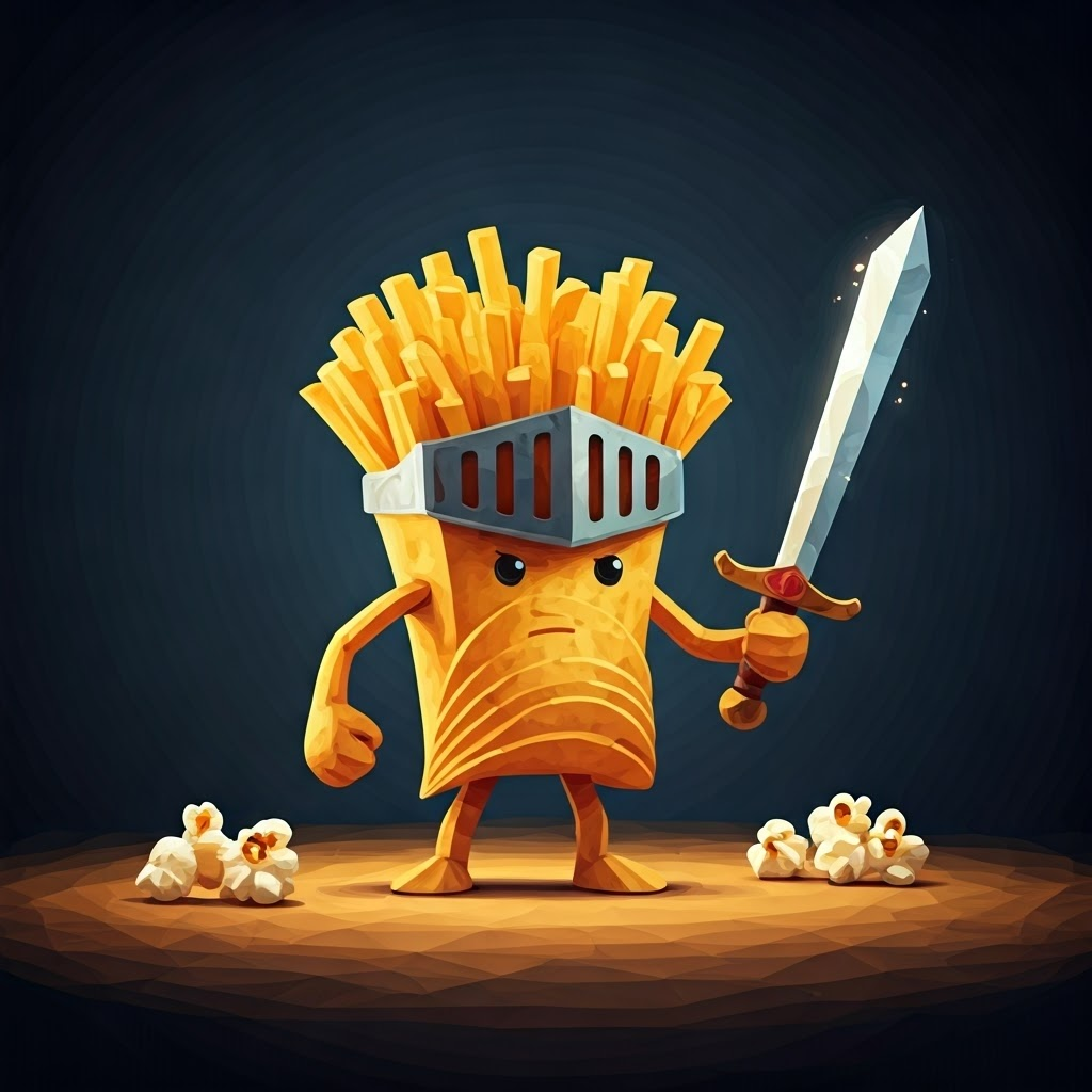 A cartoon knight made of potato chips with a french fry sword in a fighting stance, french fry foil raised high, facing popcorn kernels