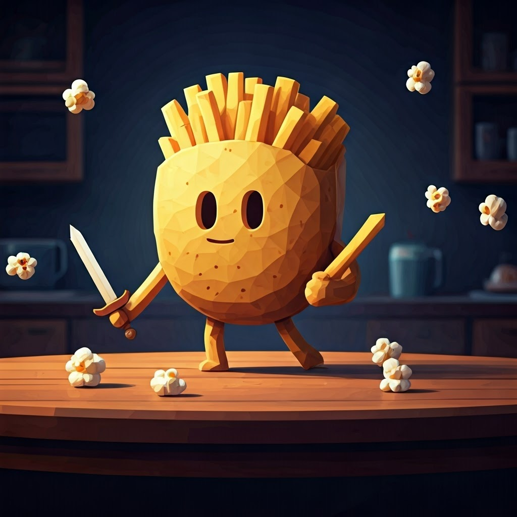A cartoon knight made of potato chips with a french fry sword chasing giggling popcorn kernels around a kitchen table