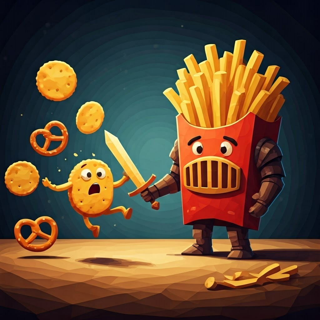 A panicked cracker messenger tripping over pretzels, landing near A cartoon knight made of potato chips with a french fry sword