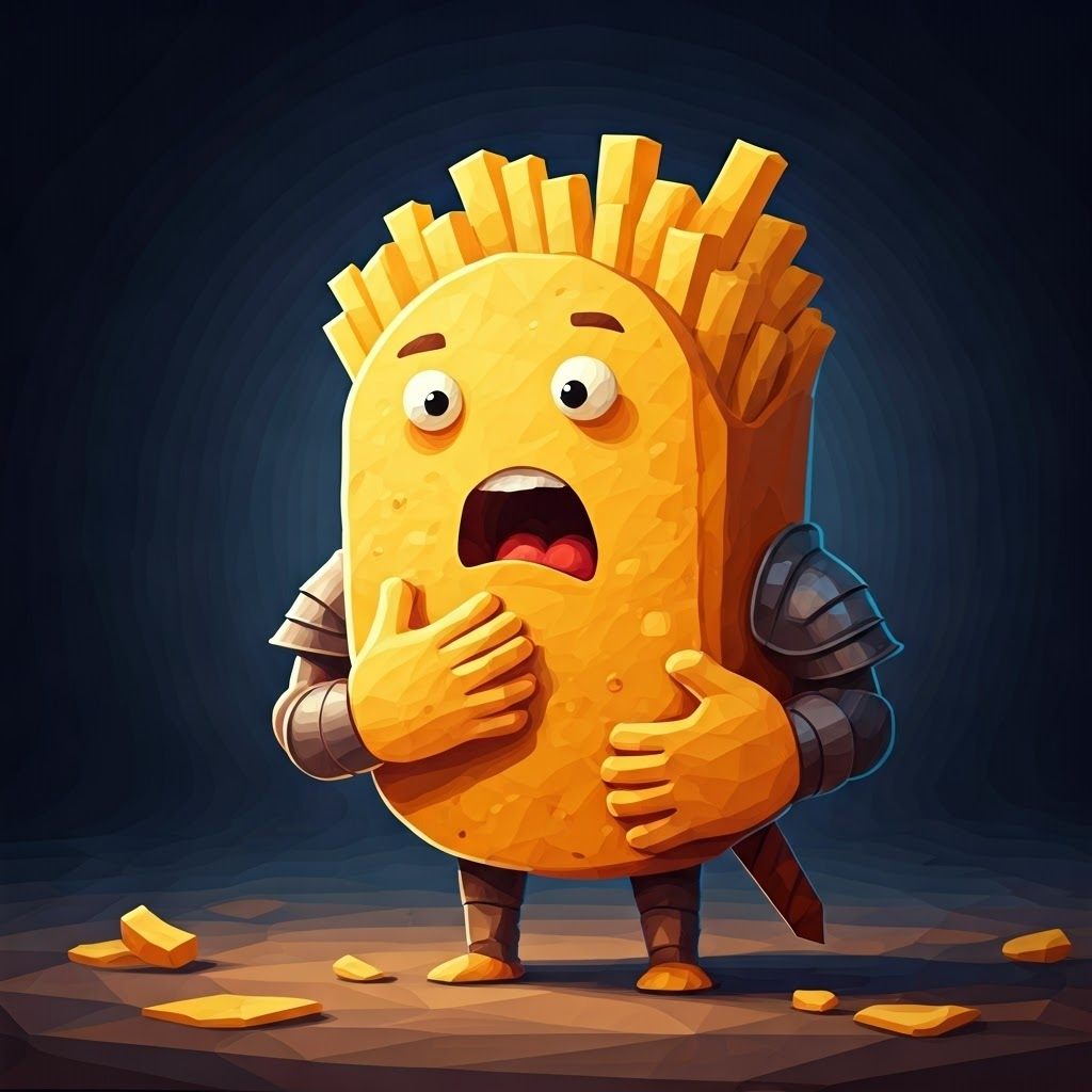 A cartoon knight made of potato chips with a french fry sword with a shocked expression on his face, holding his chest