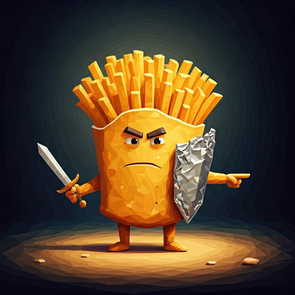 A cartoon knight made of potato chips with a french fry sword with a determined expression holding his french fry foil, the saltine cracker pointing the way