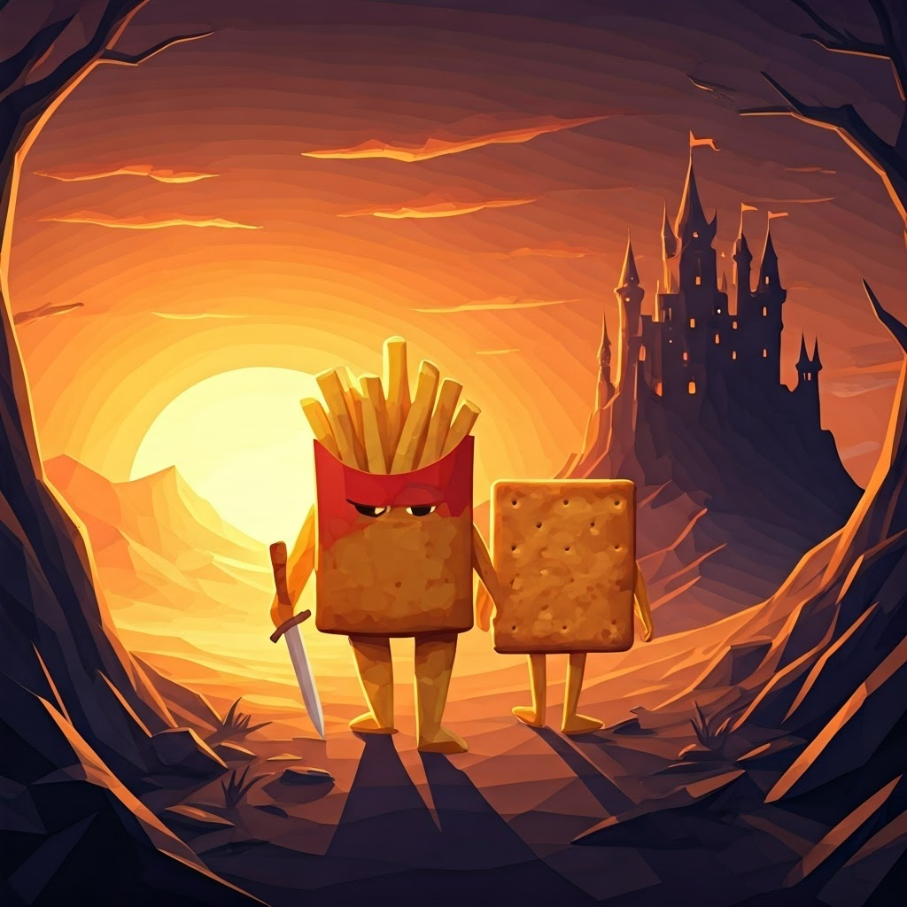A cartoon knight made of potato chips with a french fry sword and the saltine cracker walking into the sunset, towards a menacing castle