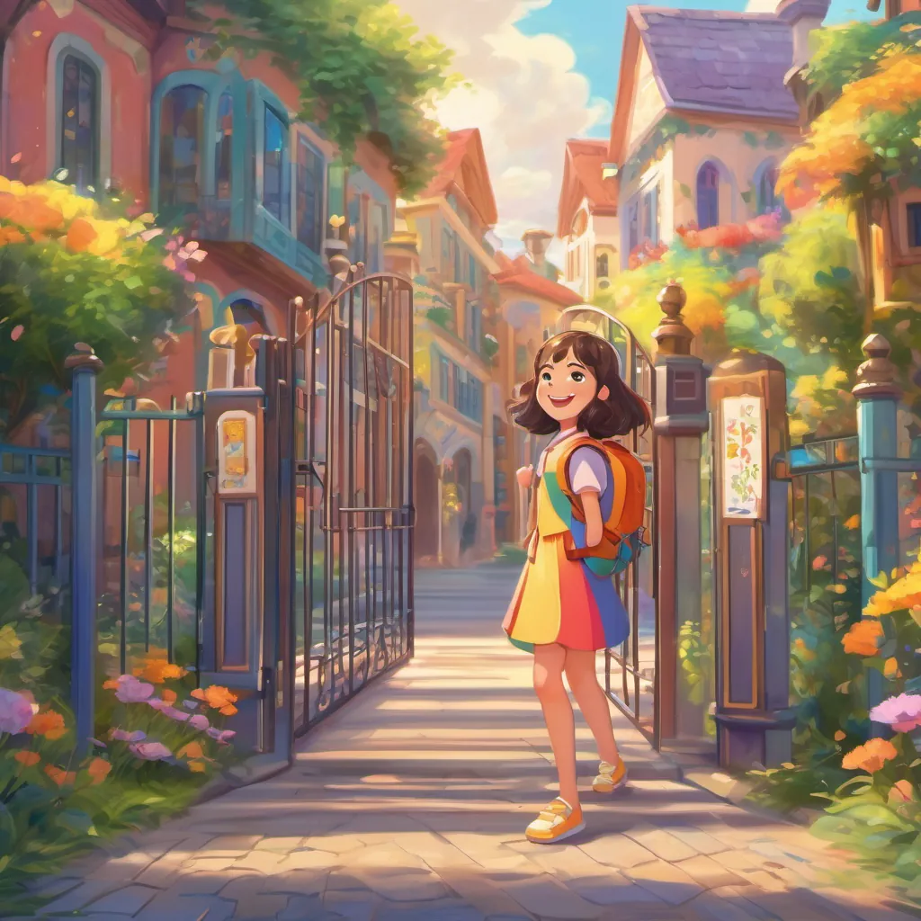 vibrant illustration of a cheerful girl, a cheerful young girl with a bright smile, wearing a colorful dress and a backpack, excitedly standing at the large, colorful school gate with her backpack