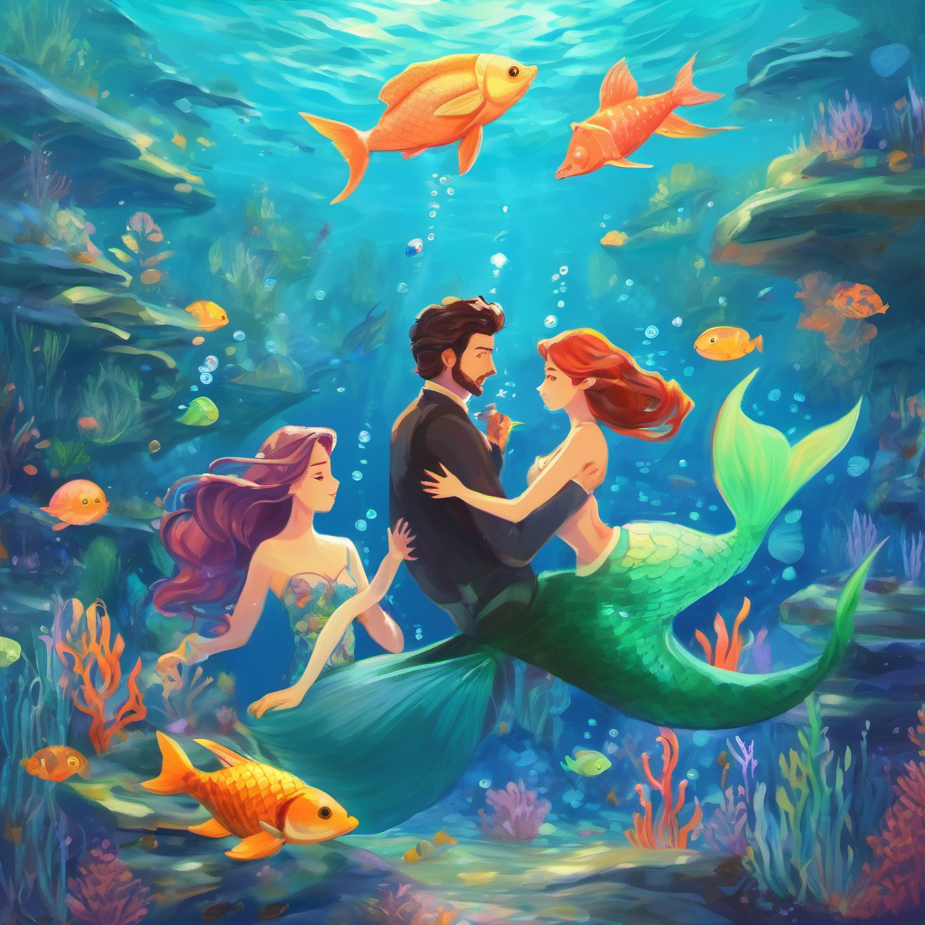 Humans, mermaids, and underwater creatures living peacefully together