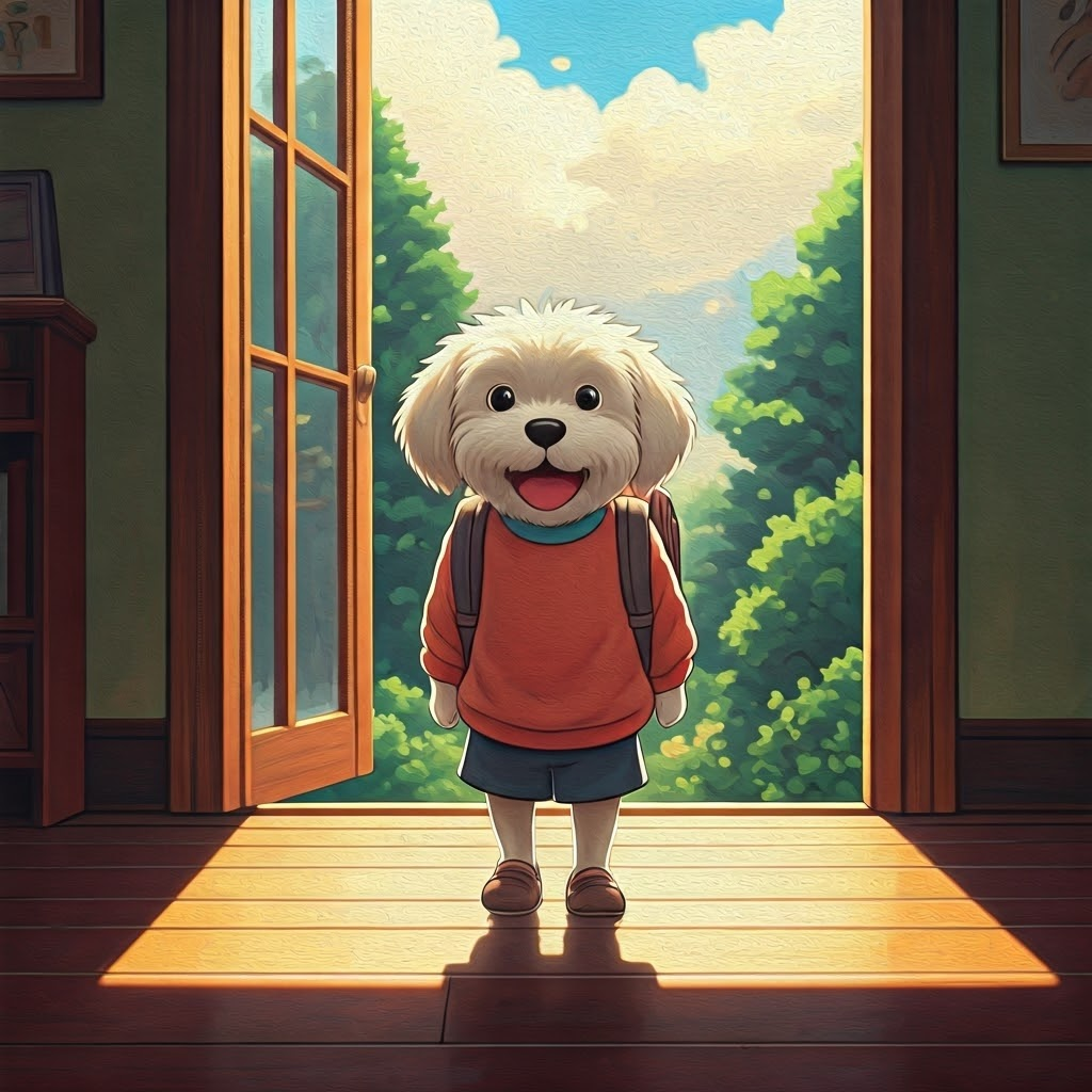 A small white puppy with wagging tail, excited for school