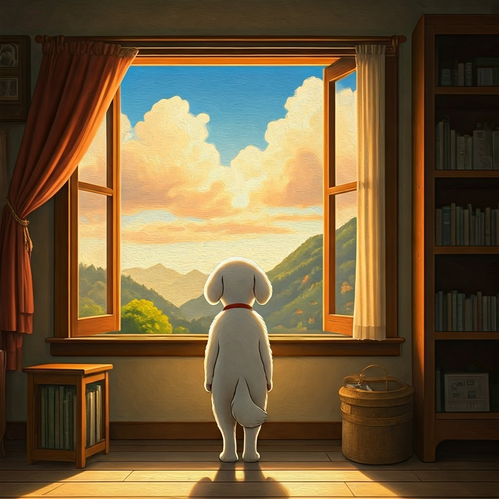 White puppy looking out the window at a sunrise