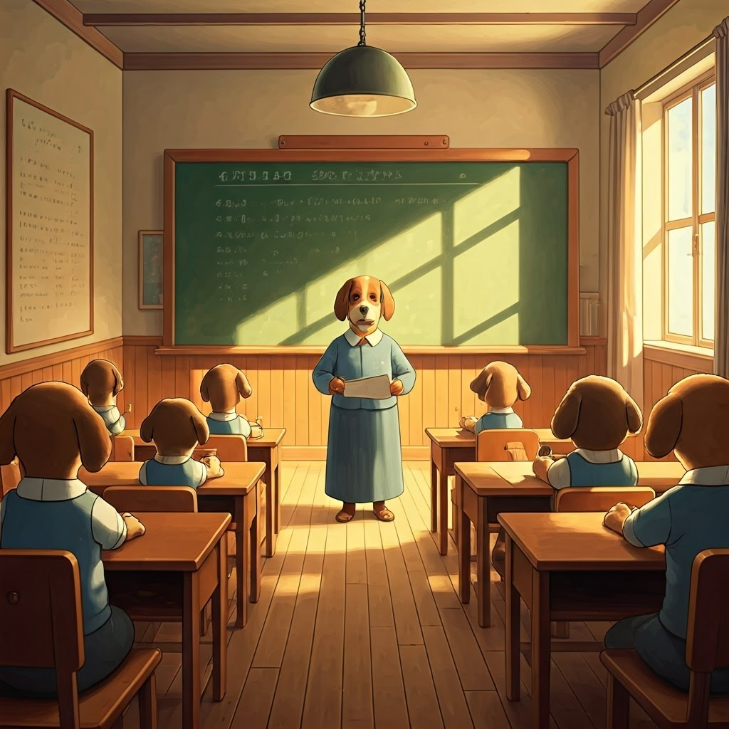 Puppies sitting in a classroom, a dog teacher standing in front