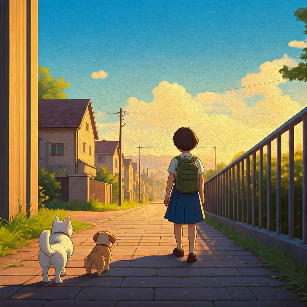 A white puppy and a bulldog puppy walking away from school at sunset