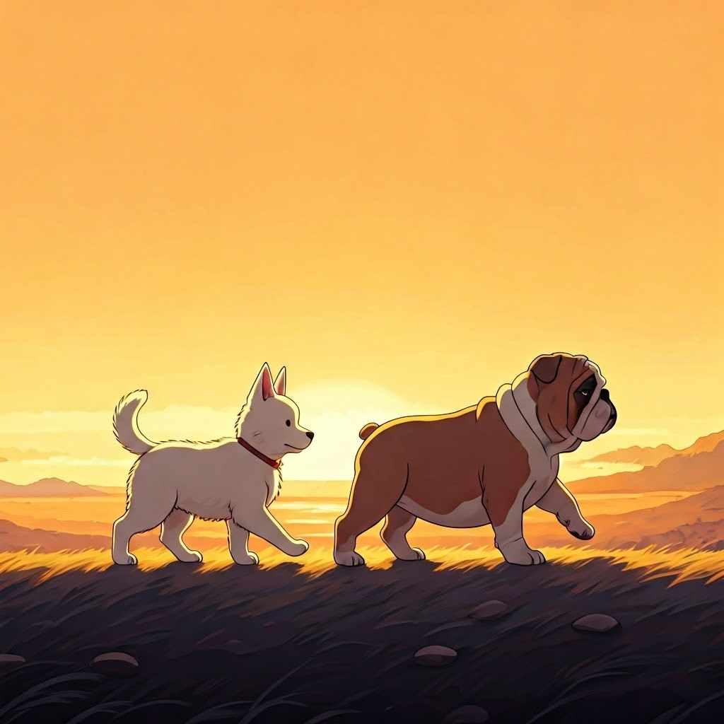 A white puppy and a bulldog puppy walking side-by-side, silhouetted against a sunset