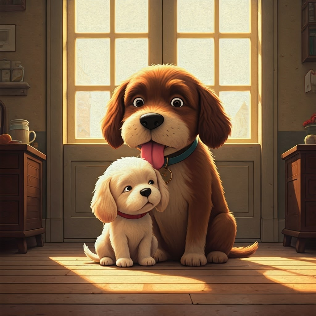 A brown dog licking a white puppy on the head, breakfast in background