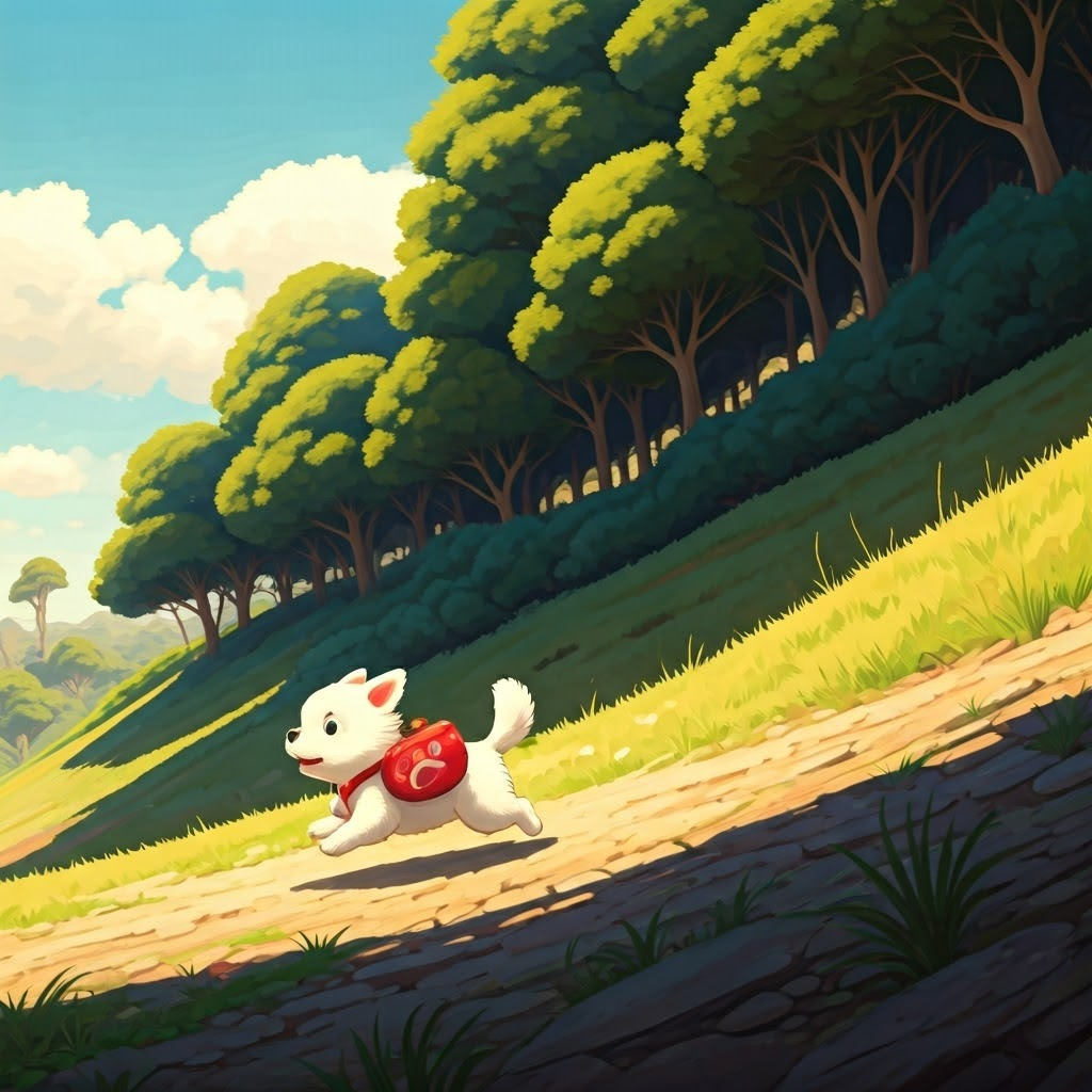 A small white puppy with a red paw-print backpack running