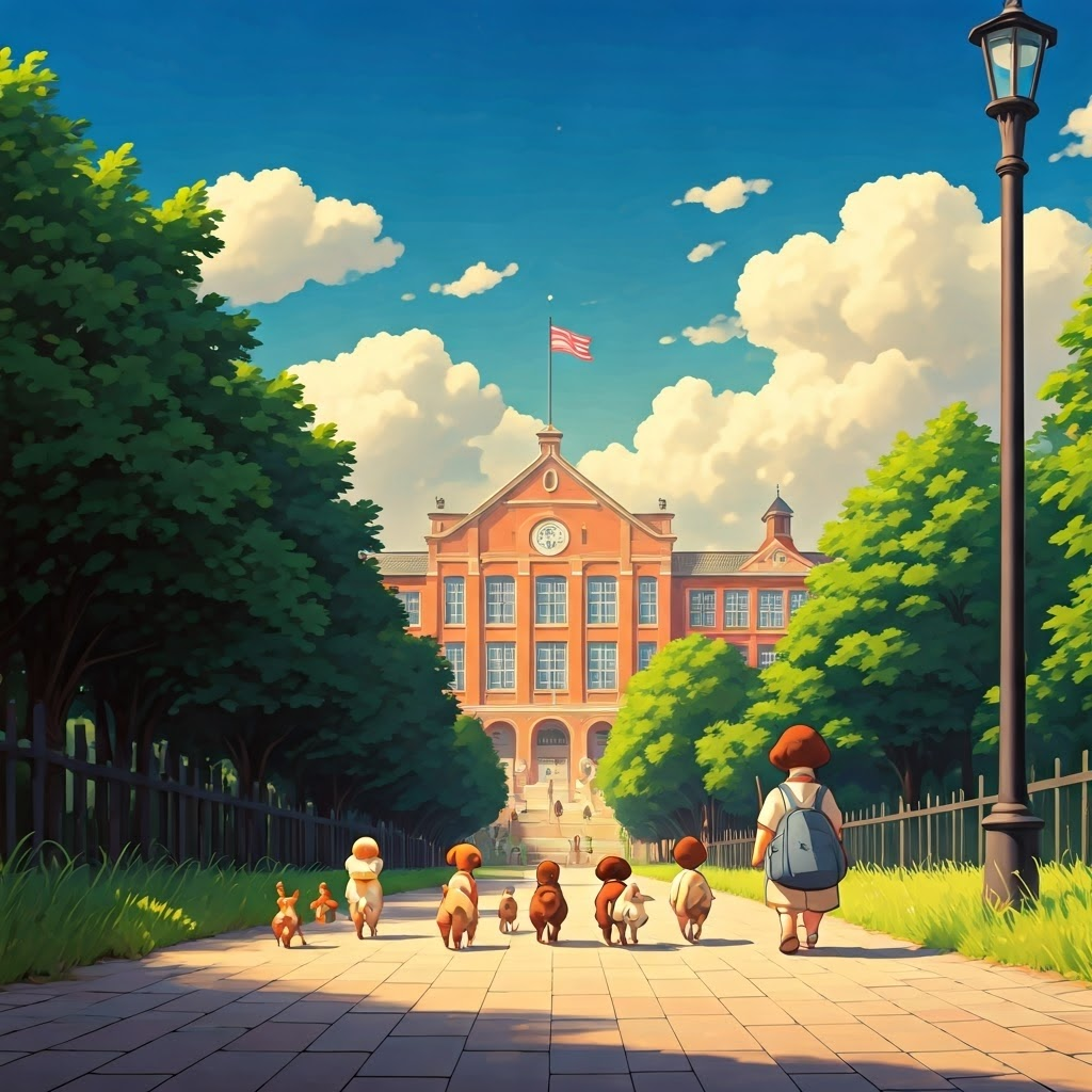 A group of diverse puppies walking towards a school building