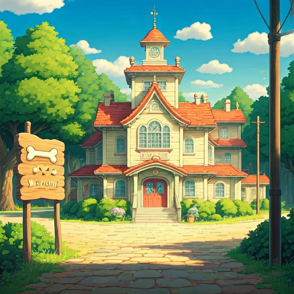 A colorful school building with a bone-shaped welcome sign