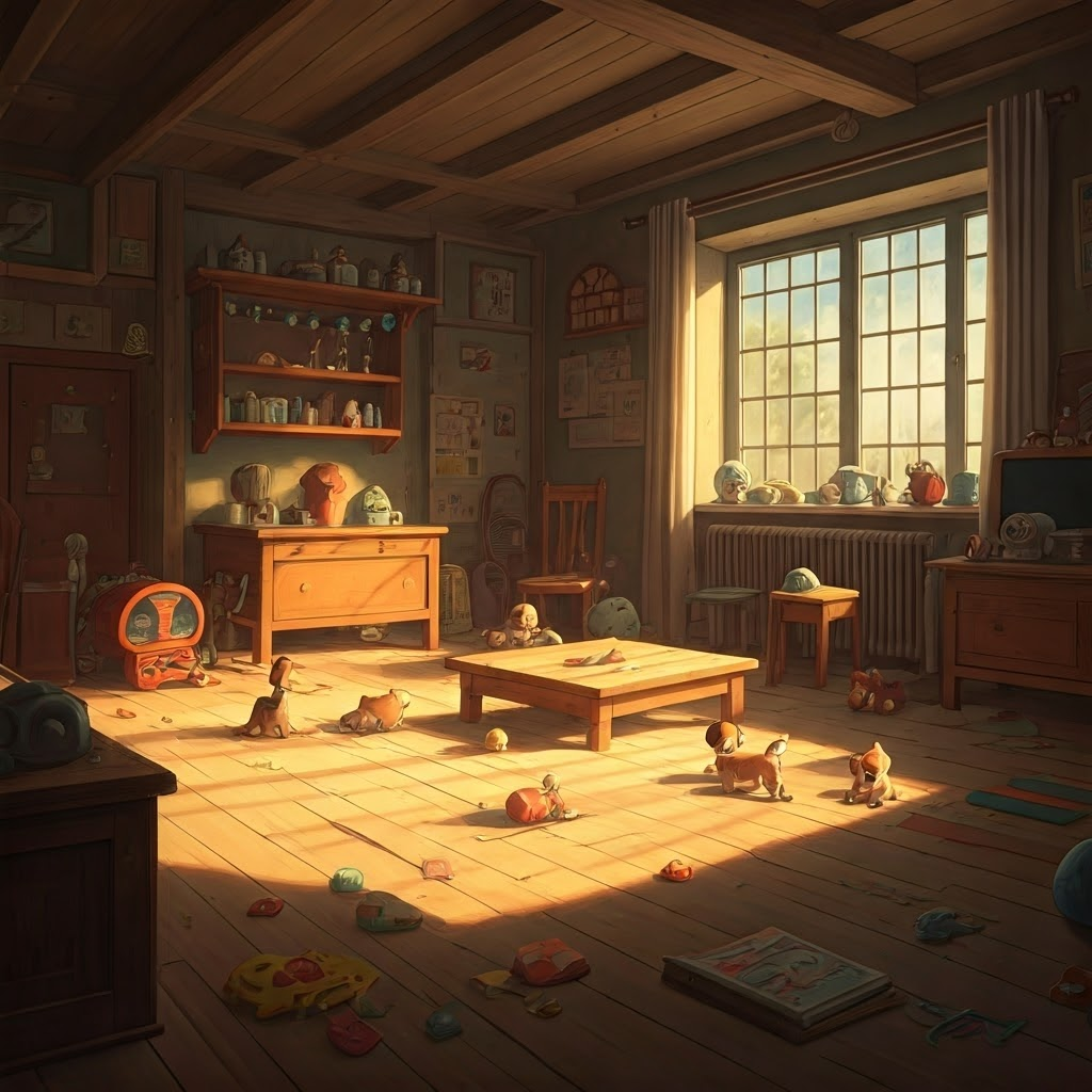 A classroom full of playful puppies, colorful toys scattered around