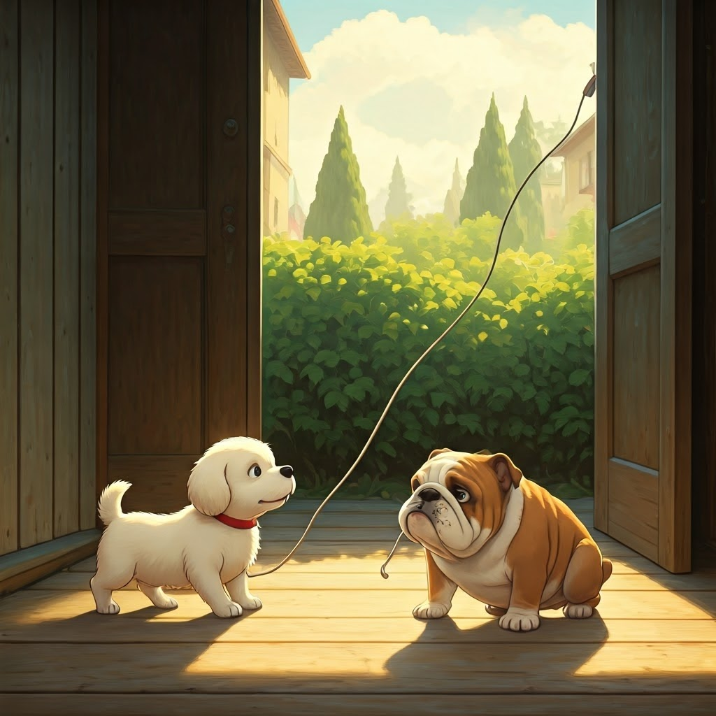 A white puppy approaching a bulldog puppy struggling with a jump rope