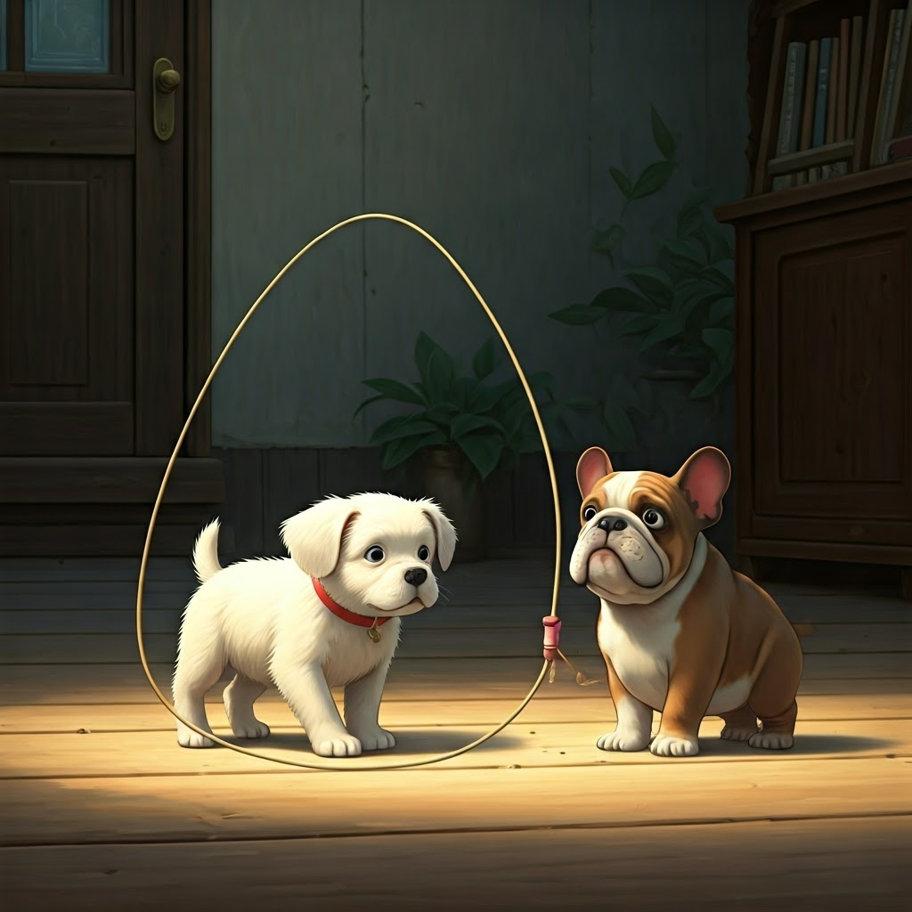 A white puppy and a bulldog puppy playing with a jump rope