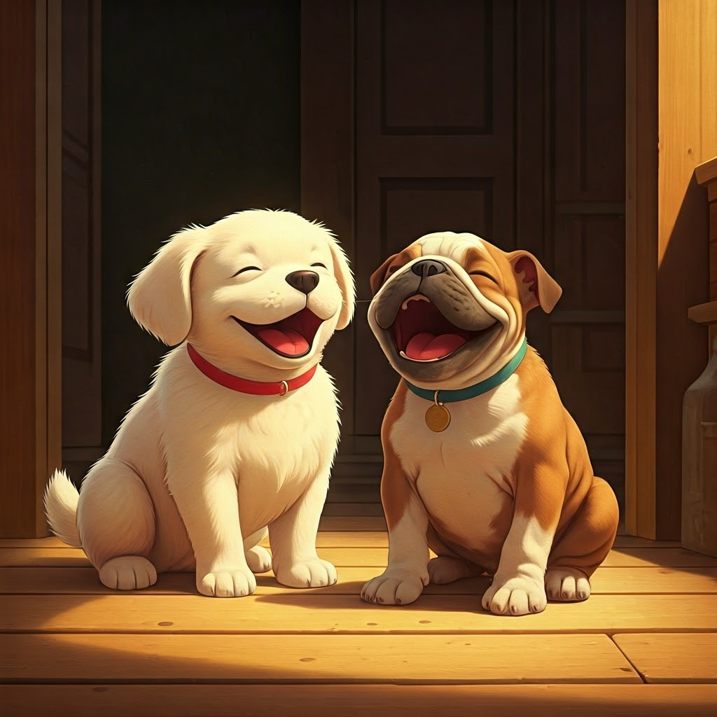 A white puppy and a bulldog puppy laughing together