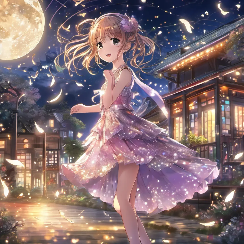 A young girl with a sparkling dress and glittery shoes, standing under the moonlight with music notes around her.