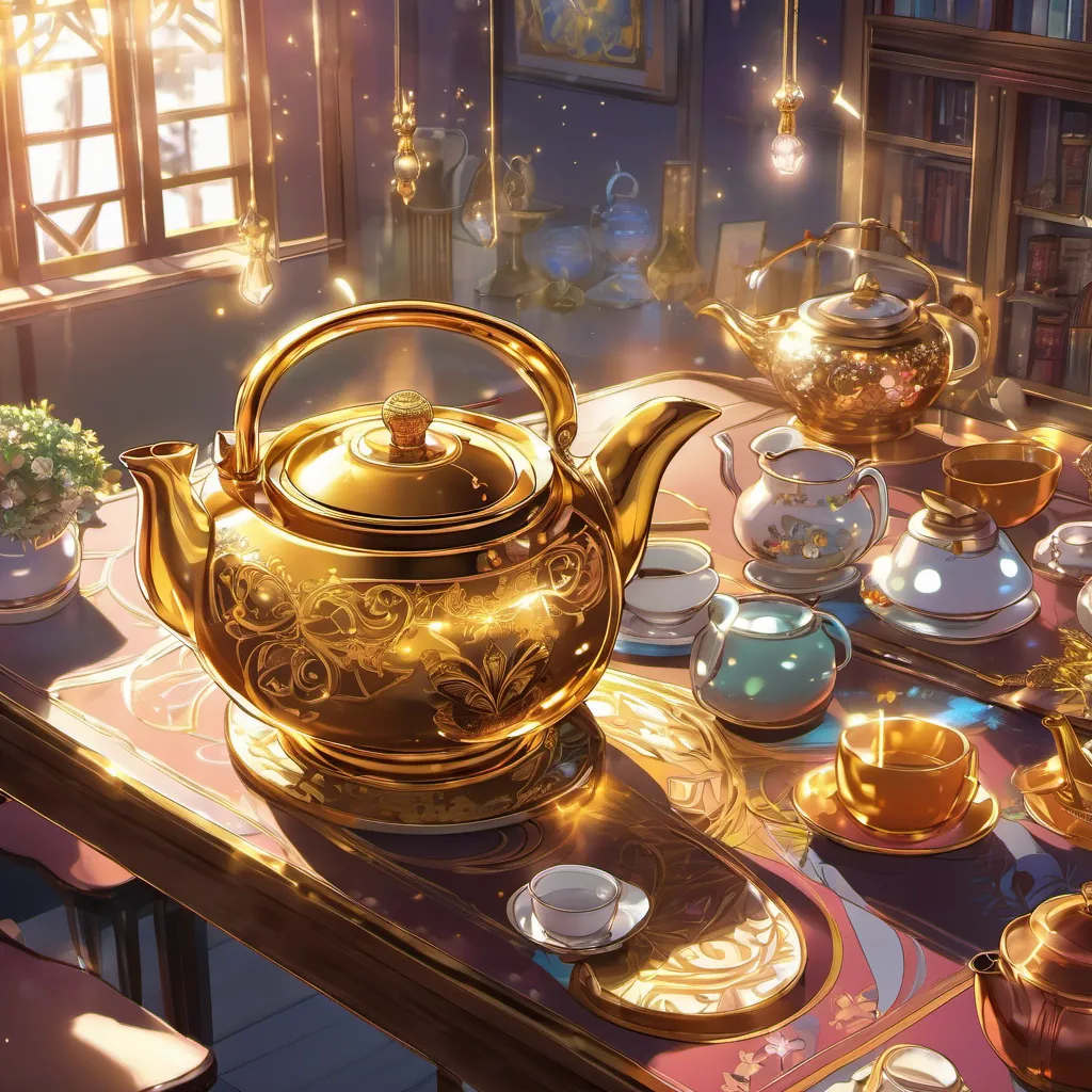 A shiny golden teapot sitting on a table, with a magical glow emanating from it.