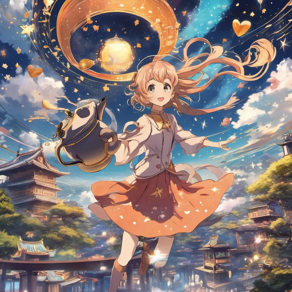 A whimsical scene of a girl and a teapot flying up into the sky, surrounded by swirling stars and clouds.