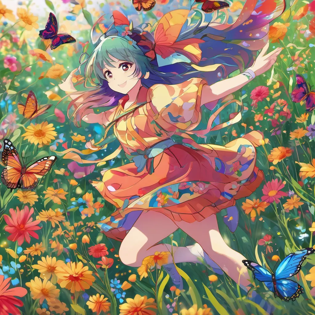 A vibrant meadow with colorful flowers and butterflies; Tilly dancing joyfully among them.