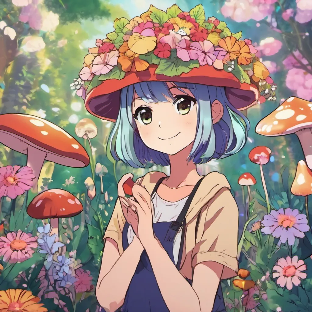 Talking flowers and animated mushrooms with little hats; Tilly wearing a floral crown, looking happy.