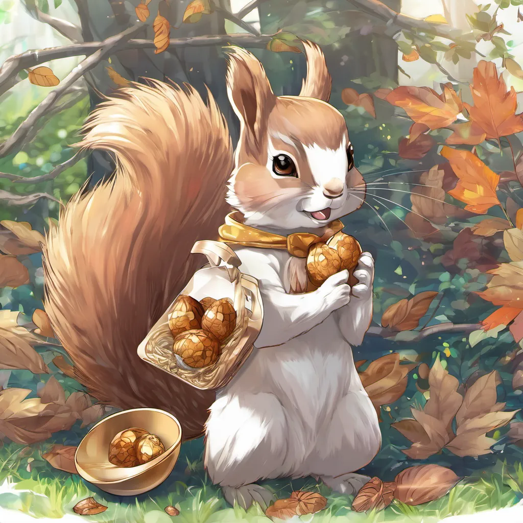 A cute squirrel with a shiny nut, offering it to Tilly.