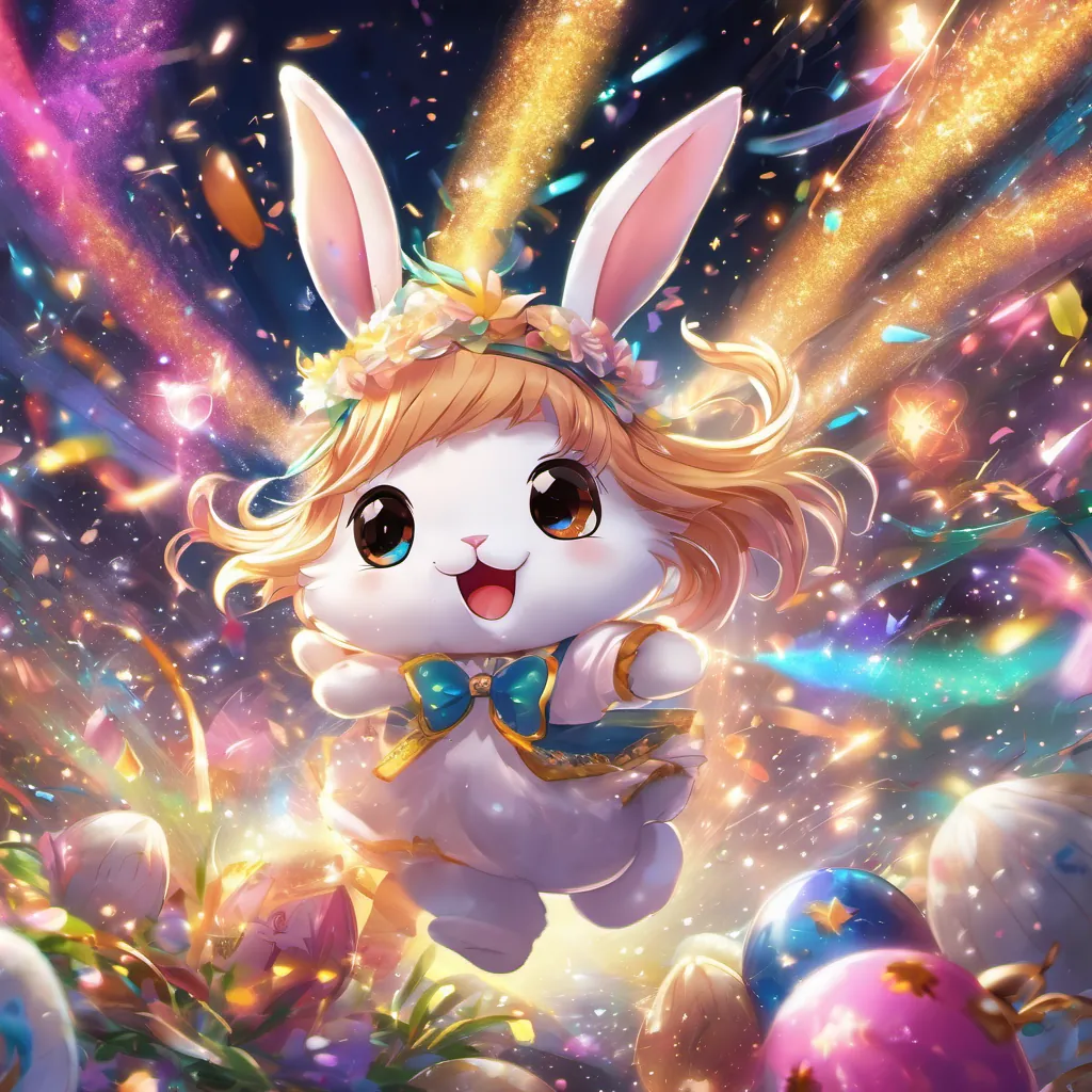 A fluffy bunny appearing in a burst of sparkles, hopping happily around Tilly.