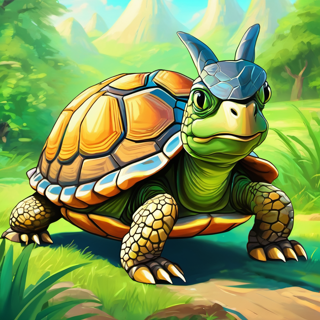 Confident tortoise, green shell, wise eyes and hare racing, confident tortoise