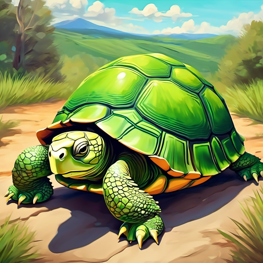 Confident tortoise, green shell, wise eyes catching up to the hare