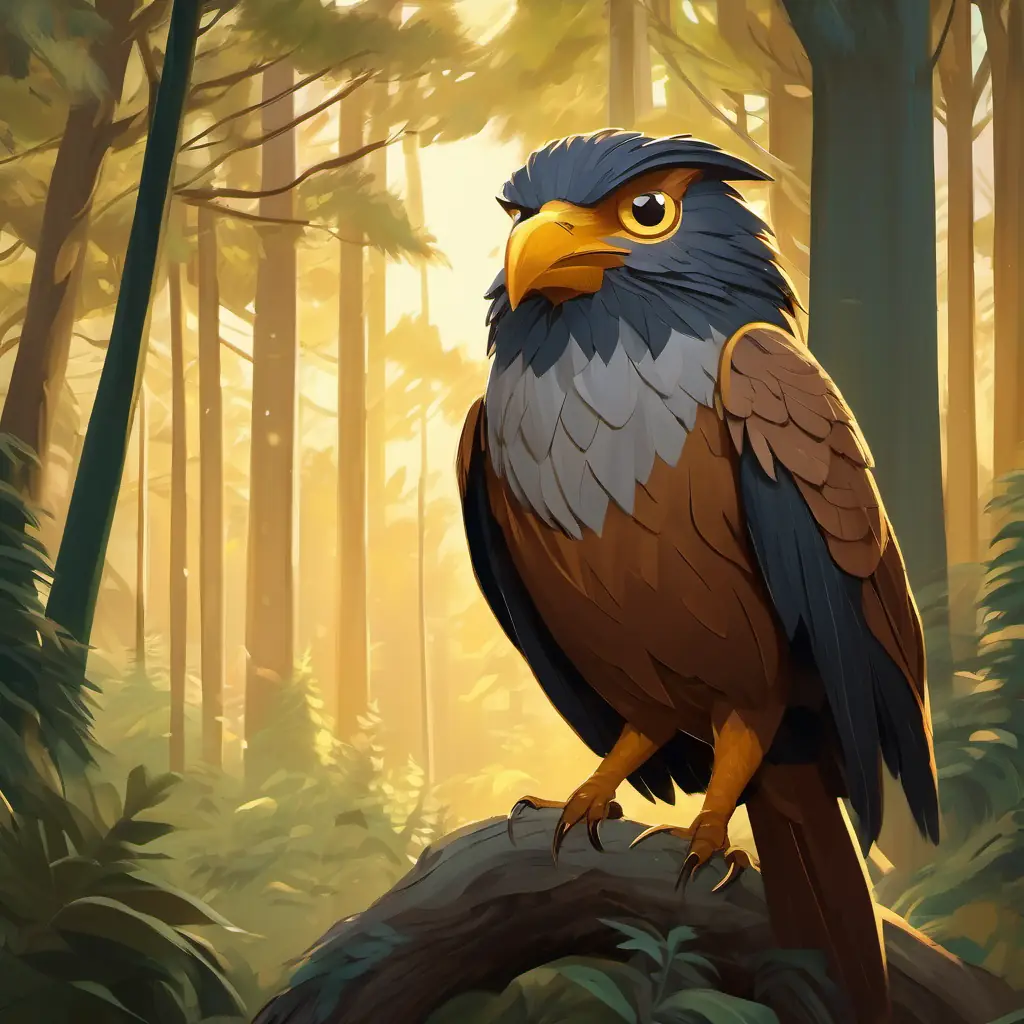 Introducing Large, imposing bird with brown feathers and piercing golden eyes, the forest's guardian