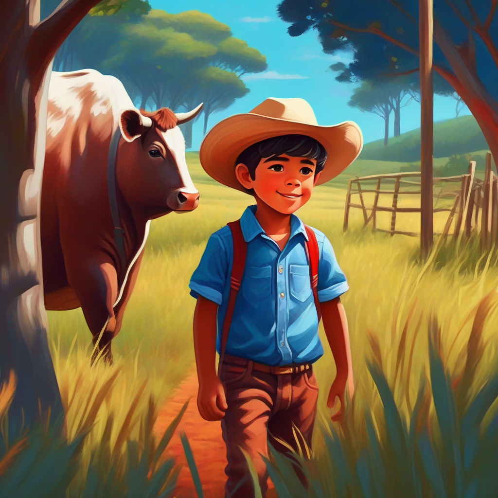 Menino com camisa azul, calça jeans e boné vermelho. na fazenda vendo vaca marrom e branca no pasto.