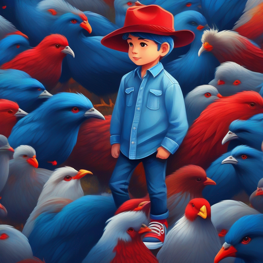 Menino com camisa azul, calça jeans e boné vermelho. no galinheiro vendo galinhas e um galo com penas coloridas.