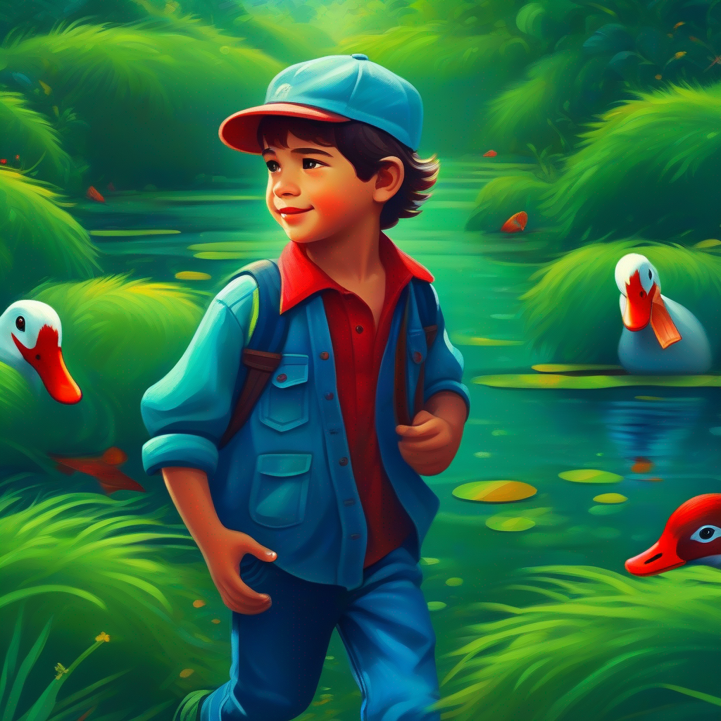 Menino com camisa azul, calça jeans e boné vermelho. na lagoa vendo pato nadando com penas verdes.