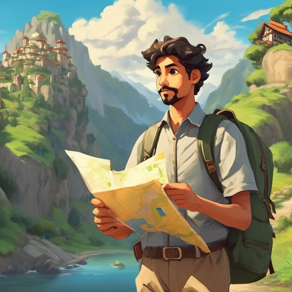 Mustafa holding a letter with a map in one hand, and a backpack on his back.