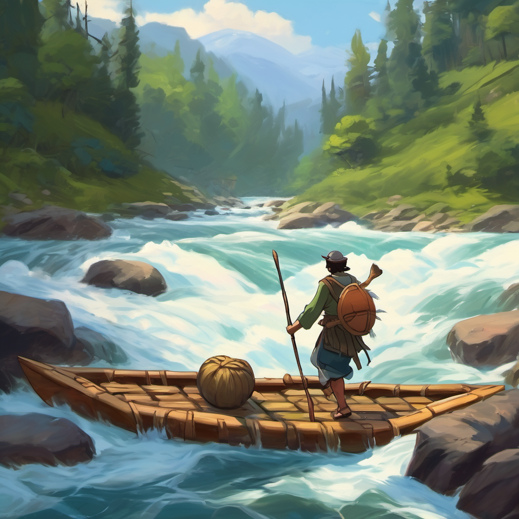 Mustafa crossing a roaring river using a makeshift raft.