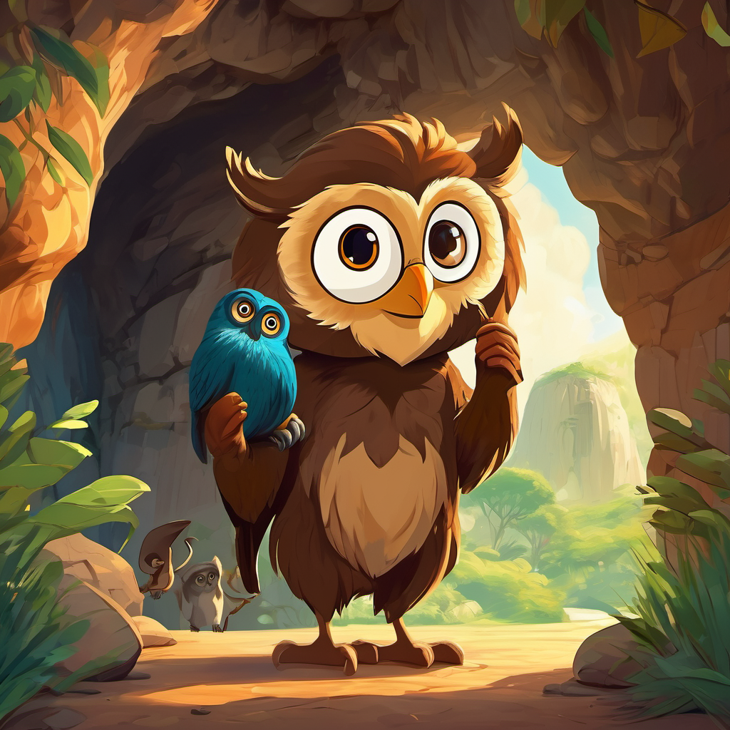 Mustafa standing beside Wise and helpful owl with big round eyes and Mischievous monkey with a playful grin, with a cave entrance in the background.