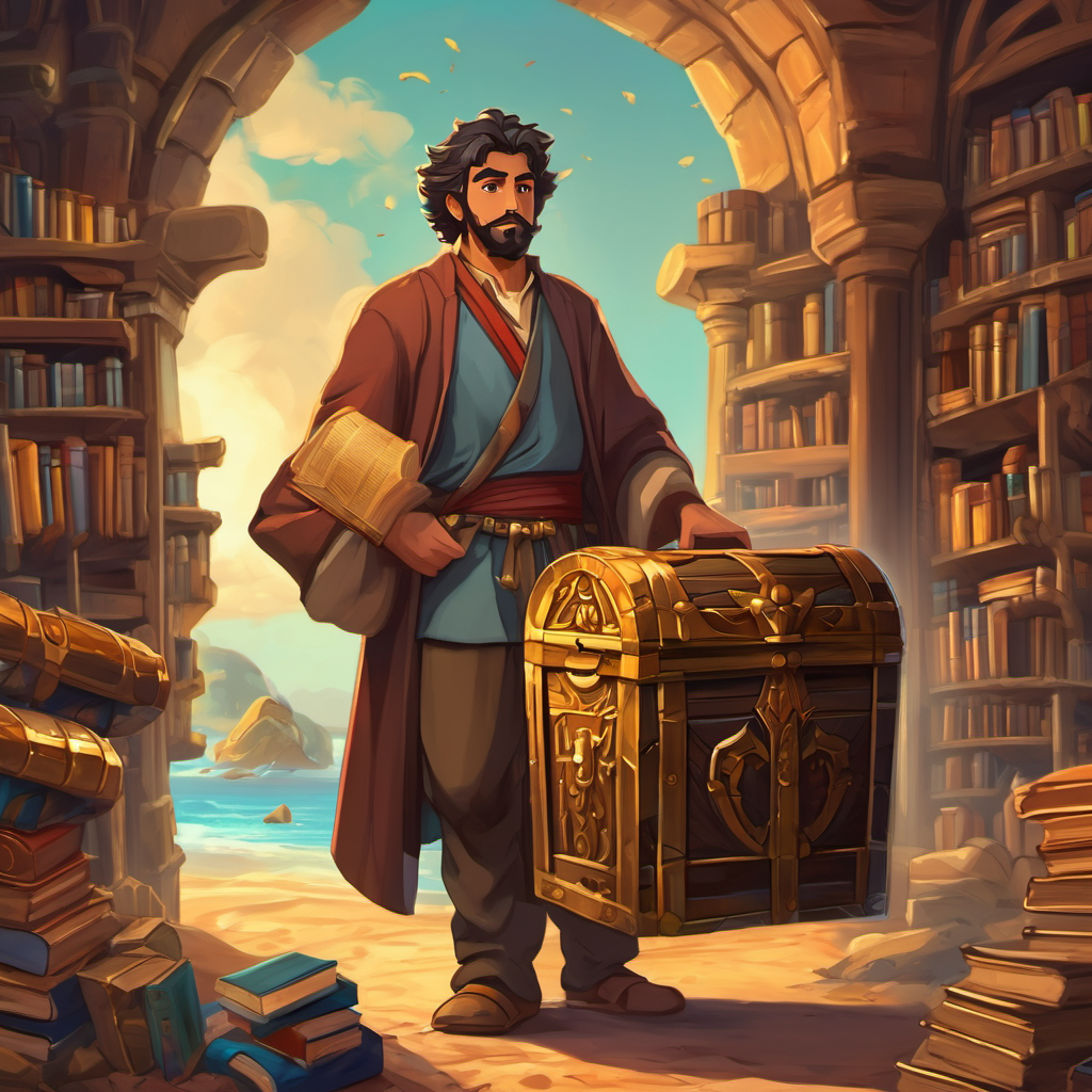 Mustafa standing in front of a treasure chest, filled with ancient books.