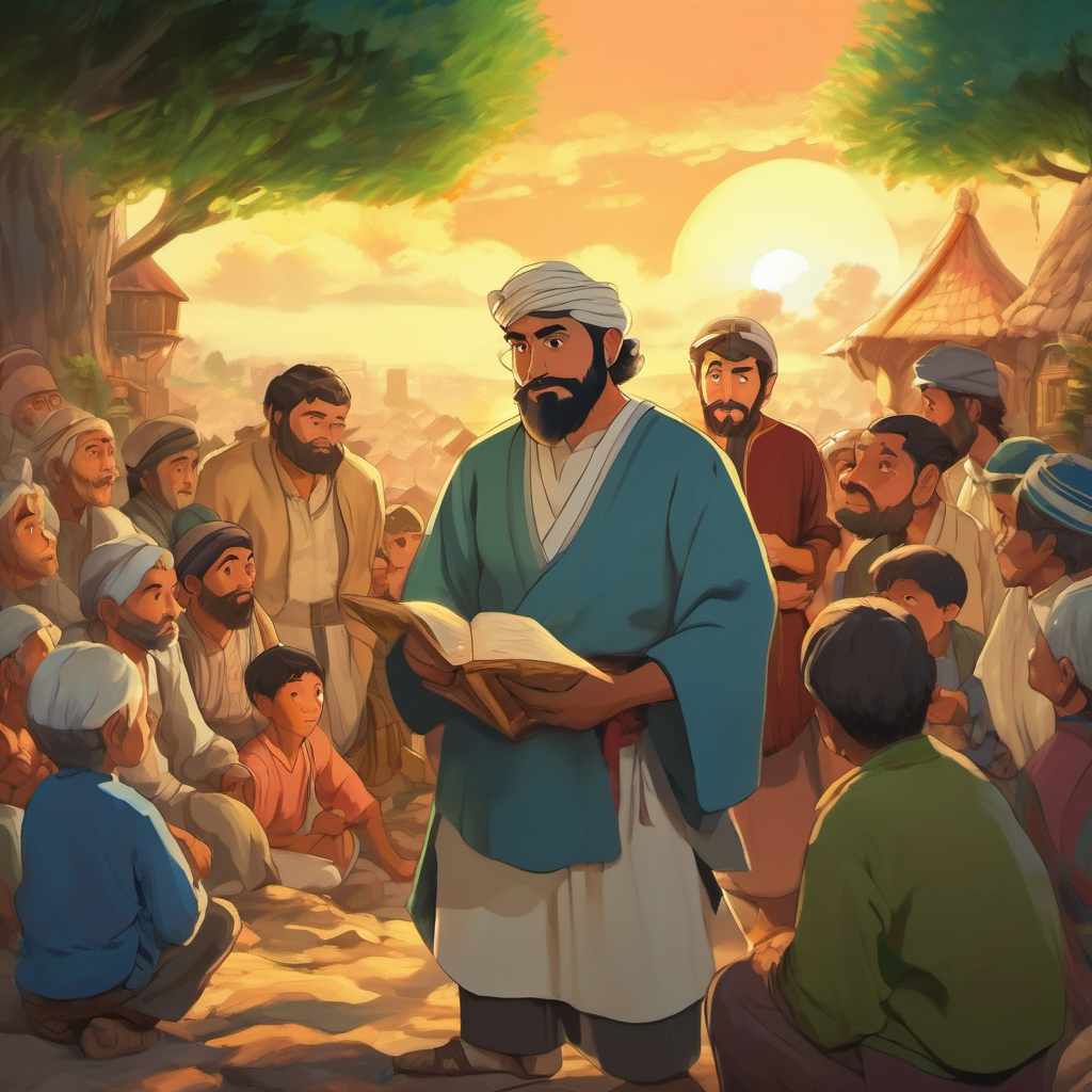 Mustafa surrounded by villagers, sharing stories of his adventure.