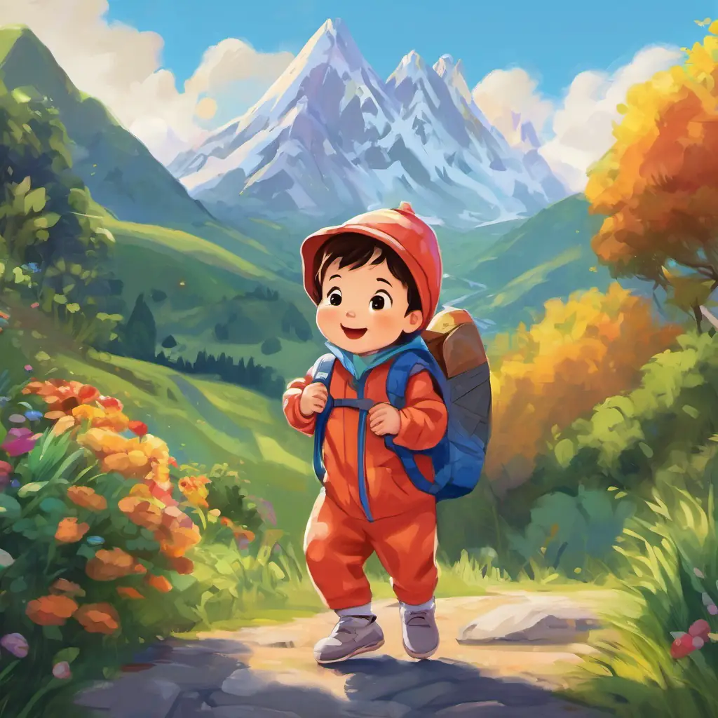 In the story, there is a baby named Bobby is a happy baby wearing a colorful onesie and carrying a backpack who is wearing a colorful onesie and carrying a backpack. He is standing near a big sign that says 'ABC Adventure' and there are mountains in the background.