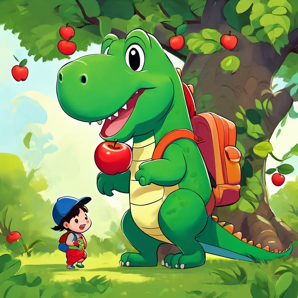Bobby is a happy baby wearing a colorful onesie and carrying a backpack is standing next to Alex is a green alligator with big, sharp teeth, who has a green body and big, sharp teeth. They are both reaching for an apple on a tree. There are lots of apples scattered on the ground.
