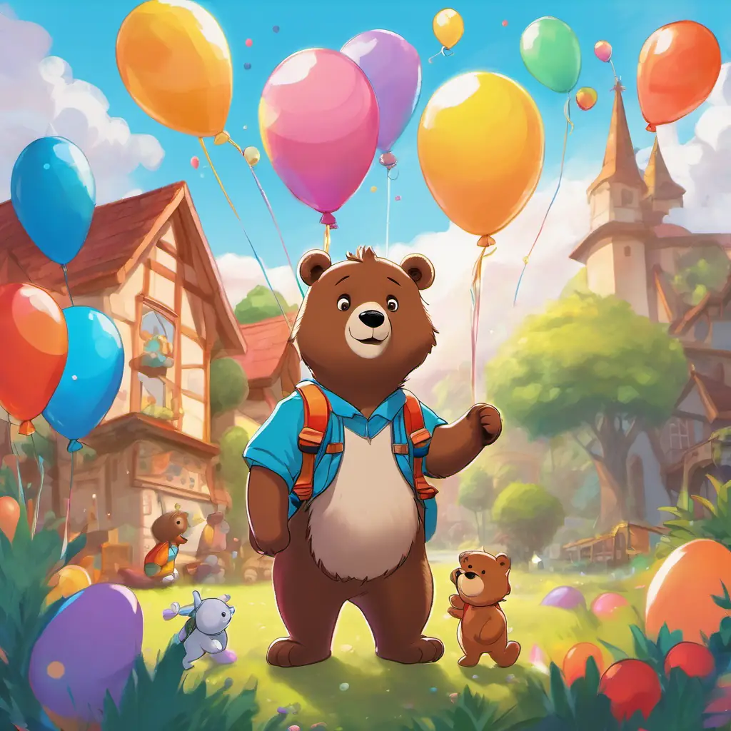 Bobby is a happy baby wearing a colorful onesie and carrying a backpack is standing next to Benny is a brown bear wearing a party hat, who is brown and wearing a party hat. There are colorful balloons floating in the air and some balloons are tied to Benny's paw.